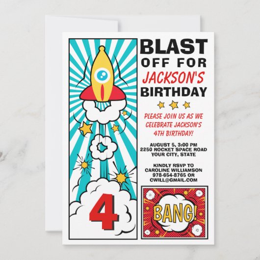 Invitation Fête d'anniversaire du garçon Fusées Space Ship Bl (Devant)