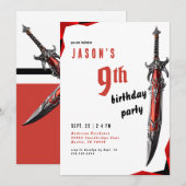 Invitation Fête d'anniversaire du garçon guerrier à l'épée ro (Devant / Derrière)