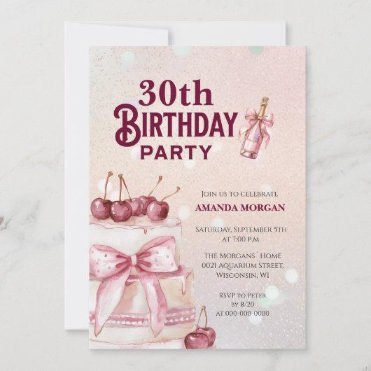 Invitation Fête d'anniversaire du gâteau rose cerise (Devant)