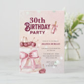 Invitation Fête d'anniversaire du gâteau rose cerise (Debout devant)