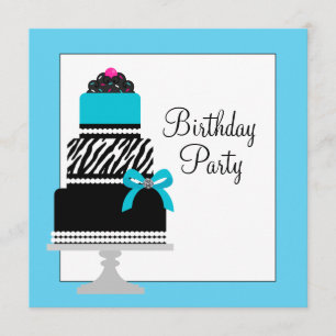 Invitation Fête d'anniversaire du gâteau Turquoise Blue Zebra