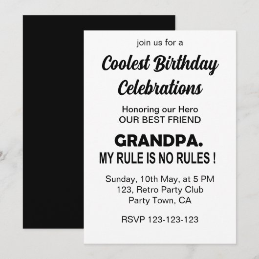 Invitation Fête d'anniversaire du grand-père cool (Devant / Derrière)