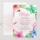 Invitation Fête d'anniversaire du luau hawaïen rose fleuri tr (Devant / Derrière)