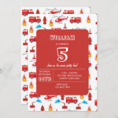 Invitation Fête d'anniversaire du moteur de camion de pompier (Devant / Derrière)