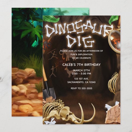 Invitation Fête d'anniversaire du mystère de la grotte des os (Devant / Derrière)