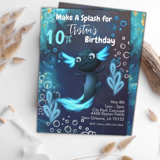 Invitation Fête d'anniversaire du néon bleu foncé Axolotl