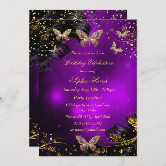 Invitation Fete D Anniversaire Du Papillon Noir Dore Pourpre Zazzle Be