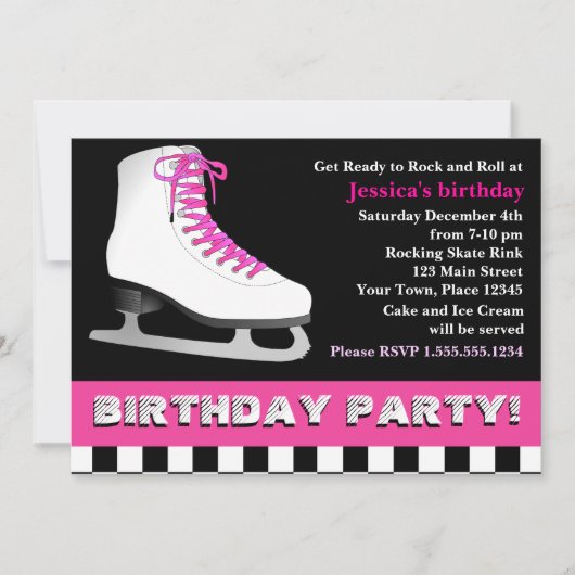 Invitation Fête d'anniversaire du patinage sur glace rose cha (Devant)