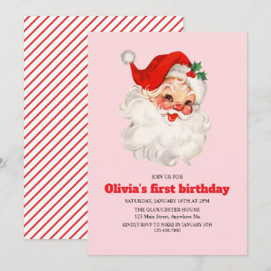 Invitation Fête d'anniversaire du Père Noël rose rétro