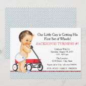 Invitation Fête d'anniversaire du petit garçon avec wagon rou (Devant / Derrière)