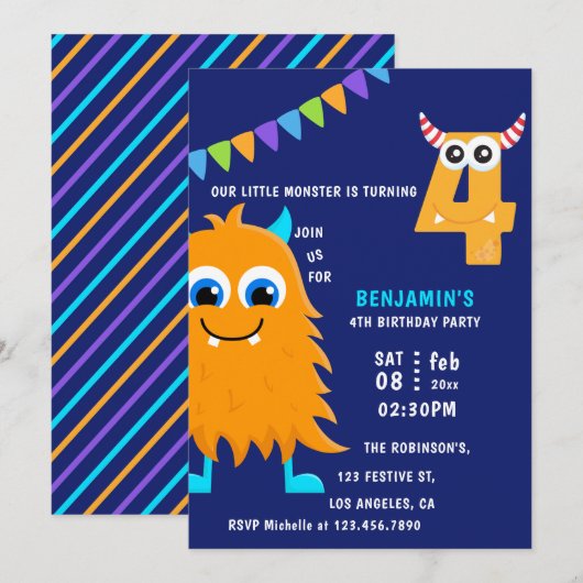 Invitation Fête d'anniversaire du petit garçon monstre 4 ans (Devant / Derrière)