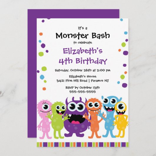 Invitation Fête d'anniversaire du petit monstre de CUB (Devant / Derrière)
