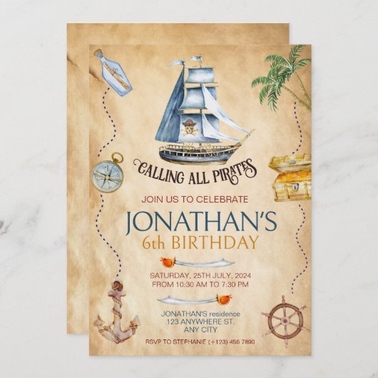 Invitation Fête d'anniversaire du Pirate (Devant / Derrière)