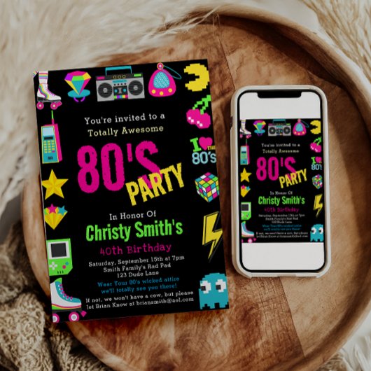 Invitation Fête d'anniversaire du Retro Neon 80 sur mesure