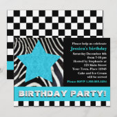 Invitation Fête d'anniversaire du rock Star Zebra - Blue (Devant / Derrière)