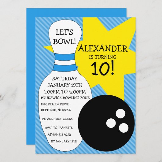 Invitation Fête d'anniversaire du Sky Blue Bowling Bash Bowli (Devant / Derrière)