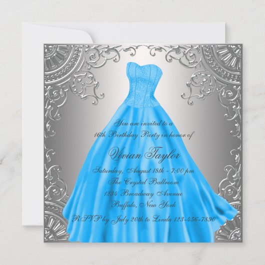 Invitation Fête d'anniversaire du Sweet sixteen bleu Turquois (Devant)