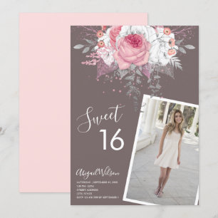 Invitation Fête d'anniversaire du sweet sixteen rose floral m