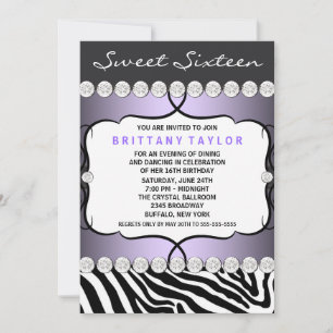 Invitation Fête d'anniversaire du Sweet sixteen zébrée violet
