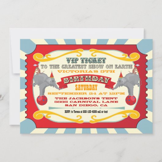 Invitation Fête d'anniversaire du ticket VIP Circus (Devant)