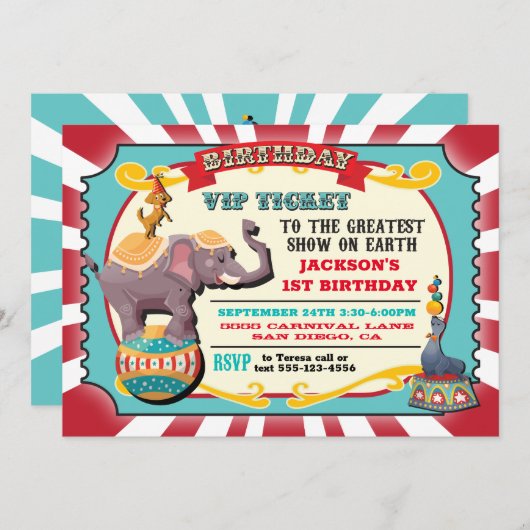Invitation Fête d'anniversaire du ticket VIP Circus (Devant / Derrière)