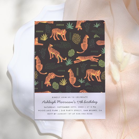 Invitation Fête d'anniversaire du tigre botanique moderne