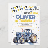 Invitation Fête d'anniversaire du Tracteur jaune bleu (Devant / Derrière)