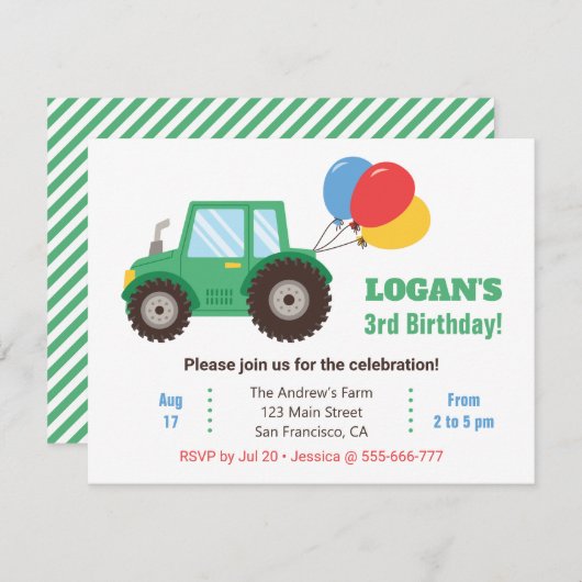 Invitation Fête d'anniversaire du Tracteur vert et des ballon (Devant / Derrière)