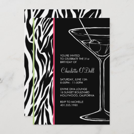 Invitation fête d'anniversaire du zebra print martini (Devant / Derrière)