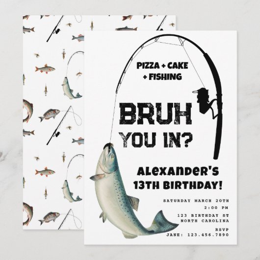 Invitation Fête d'anniversaire d'un adolescent, pêche de Bruh (Devant / Derrière)