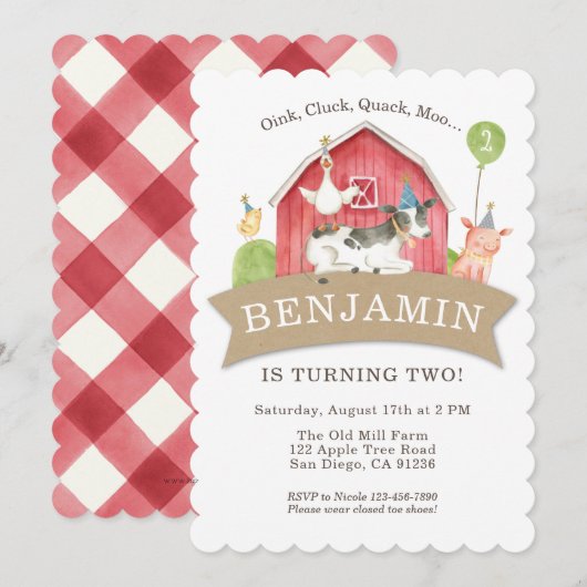 Invitation Fête d'anniversaire d'un animal de ferme Red Check (Devant / Derrière)
