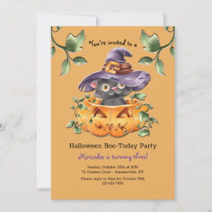 Invitation Fête d'anniversaire d'un chaton dans une citrouill