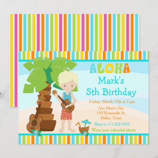 Invitation Fête d'anniversaire d'un garçon blond mignon Aloha (Devant / Derrière)