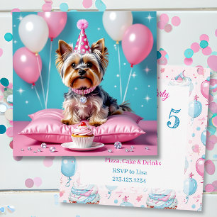 Invitation Fête d'anniversaire d'une fille avec un Yorkie ros