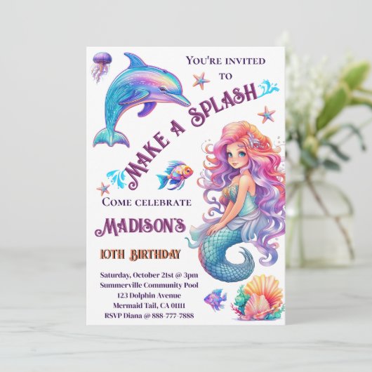 Invitation Fête D'Anniversaire D'Une Sirène De Splash (Debout devant)