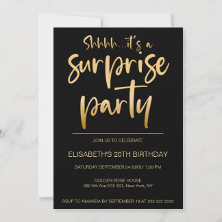 Invitation Fête d'anniversaire Elegant Black Gold Surprise