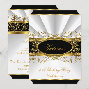 Invitation Fête d'anniversaire Élégant Blanc Or Floral Noir 4