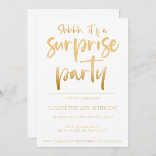 Invitation Fête d'anniversaire Elegant Blanc Or Surprise (Devant / Derrière)