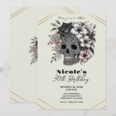 Invitation Fête d'anniversaire élégant crâne avec des fleurs  (Devant / Derrière)