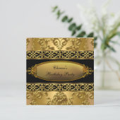 Invitation Fête d'anniversaire Elegant Damask Gold Black 3 (Debout devant)