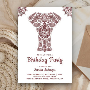 Invitation Fête d'anniversaire élégant éléphant Henna Marron