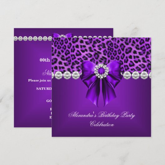 Invitation Fête d'anniversaire élégant léopard violet bow dia (Devant / Derrière)