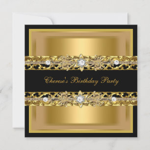 Invitation Fête d'anniversaire Élégant Noir Or Diamant Bijou