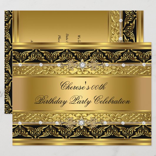 Invitation Fête d'anniversaire Élégant Or Diamant Noir Bordur (Devant / Derrière)