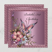 Invitation Fête d'anniversaire Elégant papillon floral rose (Devant / Derrière)