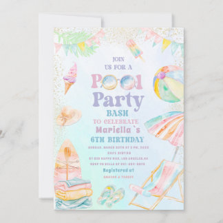 Invitation Fête d'anniversaire élégante aquarelle piscine 6 a
