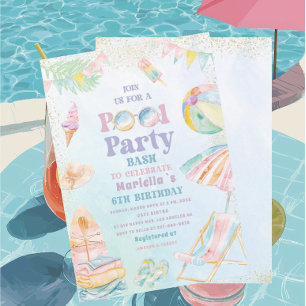 Invitation Fête d'anniversaire élégante aquarelle piscine 6 a