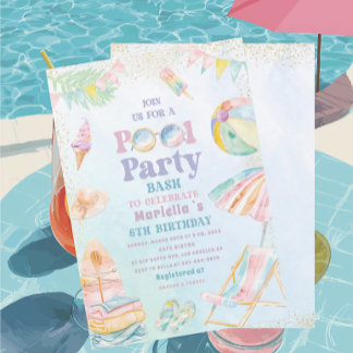 Invitation Fête d'anniversaire élégante aquarelle piscine 6 a