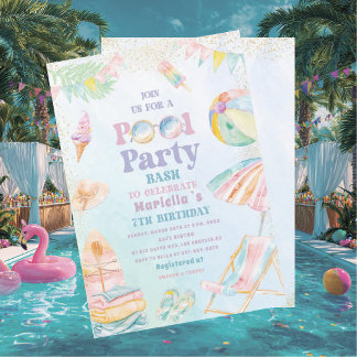 Invitation Fête d'anniversaire élégante aquarelle piscine  7 