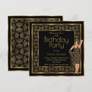 Invitation Fête d'anniversaire élégante Art Déco noir or Dame